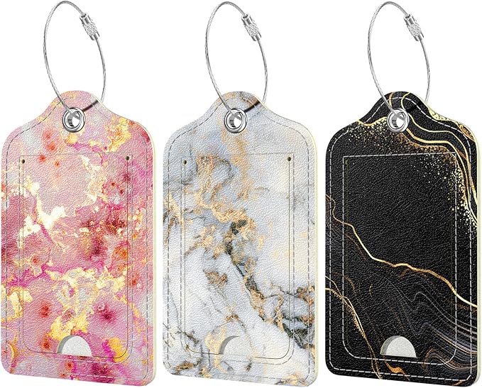 Rimilak 3 Pcs PU Leather Luggage Tags for Suitcase, Travel Cruise Luggage Tag with Privacy Flap, Name ID Label and Metal Loop for Women Men Baggage Handbag School Bag Backpack, Gold Marble