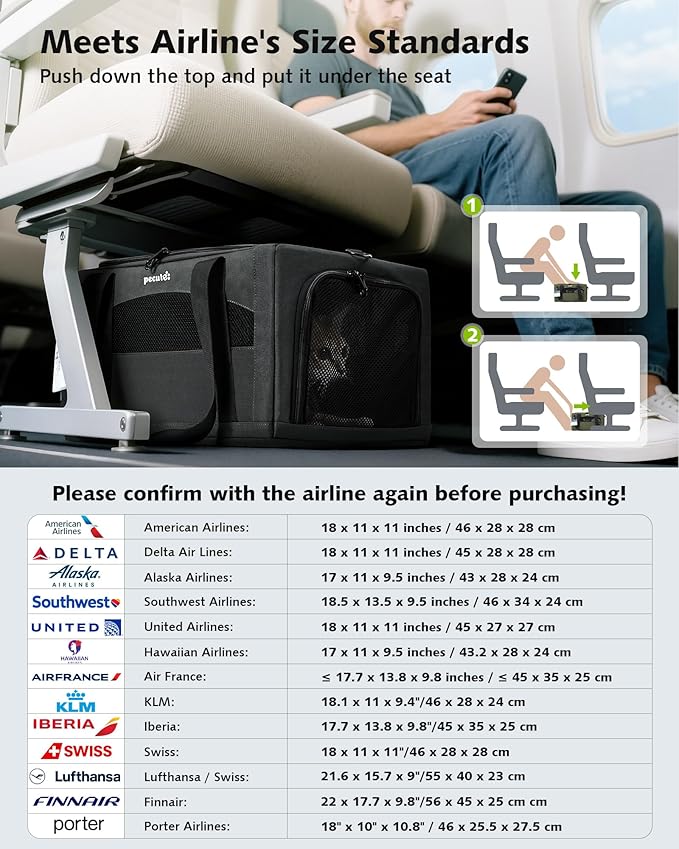 Pecute Expandable Pet Carrier Airline Approved Dog Cat Carrier, Breathable Soft-Sided with Locking Zippers, Pet Travel Bag for Small Dog Cat Anti-Scratch Mesh Leakproof Pee Pad (Dark Gray)