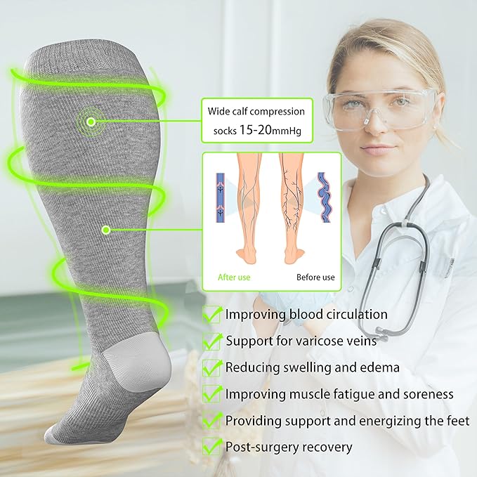 LEVSOX Wide Calf Compression Socks for Women&Men Plus Size 15-20mmHg Knee High Large Support Stockings for Circulation