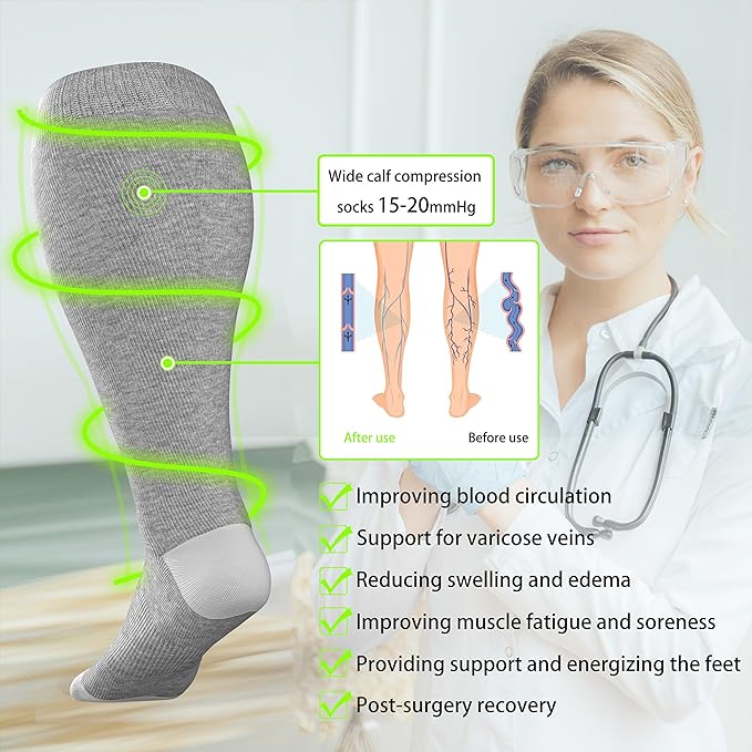 LEVSOX Wide Calf Compression Socks for Women&Men Plus Size 15-20mmHg Knee High Large Support Stockings for Circulation