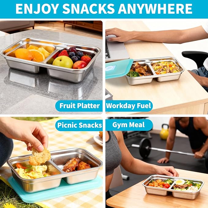 4PC Stainless Steel Snack Boxes, Double Compartment Leakproof Container with Lids for Travel, Camping. Includes Free Fork & Spoon Set.