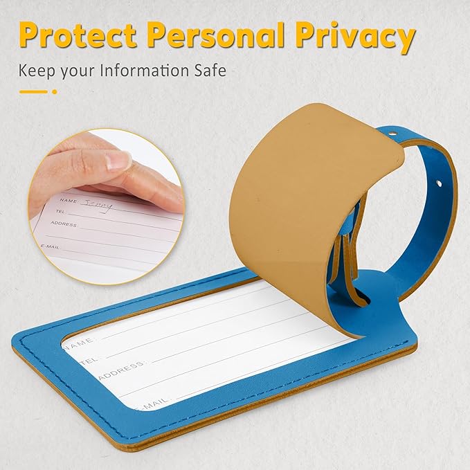 Travelambo 8 Pack Luggage Tags Faux Leather for Suitcases Travel Bag Labels Travel Accessories Essential with Protection Cover ID (Blue)