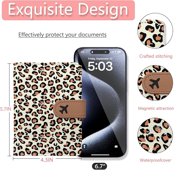 Passport Holder, Travel Wallet Cover with Pen Loop | Cute RFID Blocking Leather Case with Magnetic Closure for Travel Essentials-Leopard