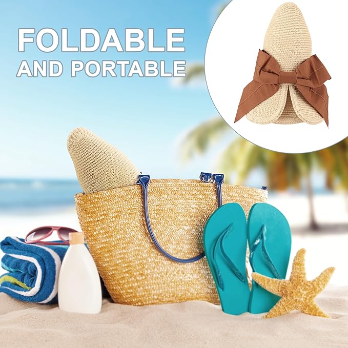 DRESHOW Sun Hats for Women Travel Fedora Foldable Beach Sun Hat Summer Wide Brim Straw Bucket Hat with Bowknot UPF 50+