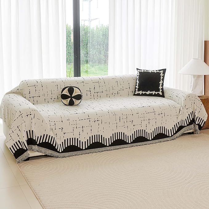 Couch Cover for 3 Cushion Sofa Pet Friendly Furniture Covers, Chenille Sofa Covers Washable L Shape, Boho Couch Blanket Cover with Tassel Decoration, 71"x 134", Beige