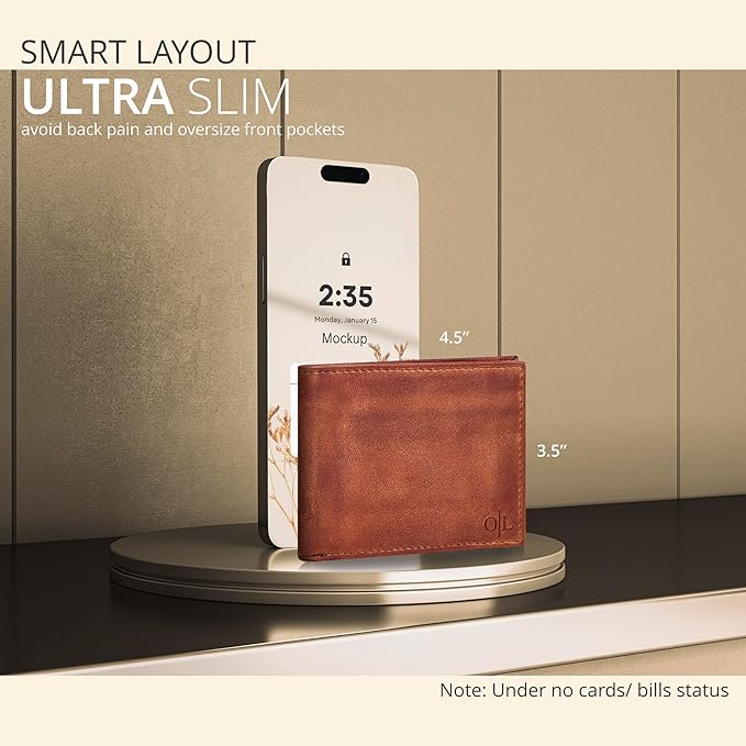 Oak Leathers Slim Leather Wallet for Men - RFID Blocking Slim Minimalist Front Pocket - Thin & Stylish with ID Window, Gift For Men (Vintage Tan)