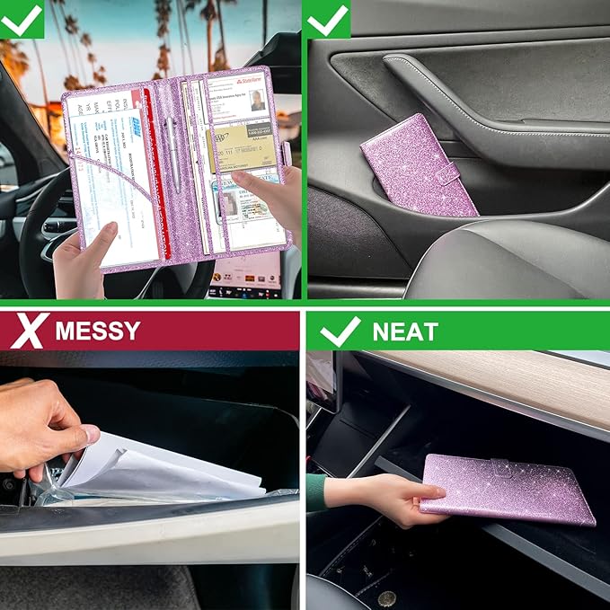RSAquar Car Registration and Insurance Holder, Vehicle Car Glove Box Organizer, Cool Car Accessories for ID, Driver License Cards & Essential Document, Men&Women, Purple Glitter