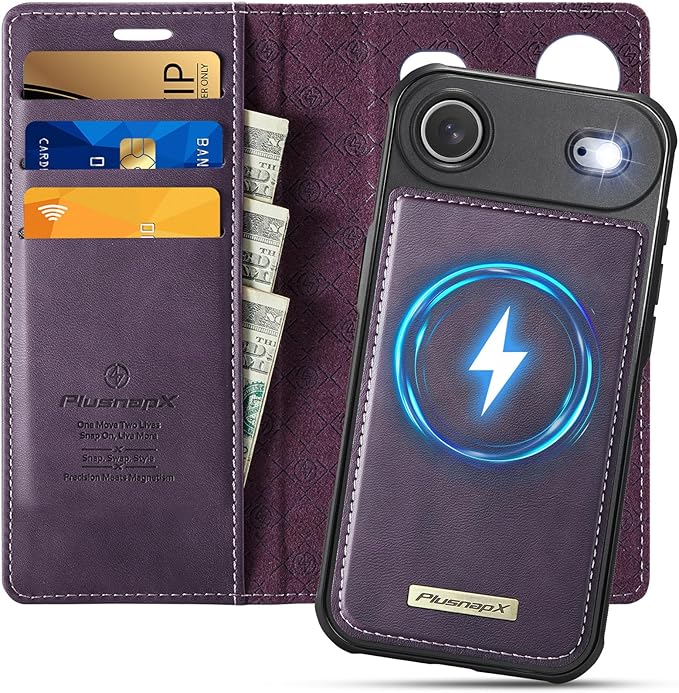 PlusnapX Wallet Case for iPhone Air Compatible with Magsafe, 2-in-1 PU Leather Flip RFID Blocking Card Holder Stand ShockAirof Magnetic Detachable Cover for iPhone 17 Air Case 6.5", Retro Purple