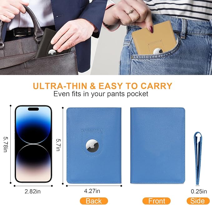 Full Grain Leather AirTag Passport Holder Wallet Cover for Men and Women Travel, Passport Holder with AirTag Slot Passport Wallet, Travel Essentials Genuine Leather Passport Cover Gifts (Blue)