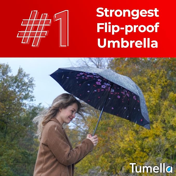 TUMELLA Flip-proof Inverted Travel Umbrella, Small Strong but Light Portable and Automatic Reverse Folding Rain Umbrella, Durable Premium Grip, Fits Car & Backpack