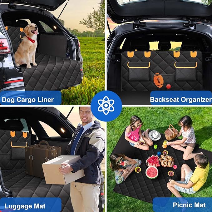 4-in-1 SUV Cargo Liner for Dogs, Non-Slip Water Resistant Pet Trunk Mat with Side Flaps Protector & Back Seat Organizer, Dog Backseat Cover for SUVs Vans