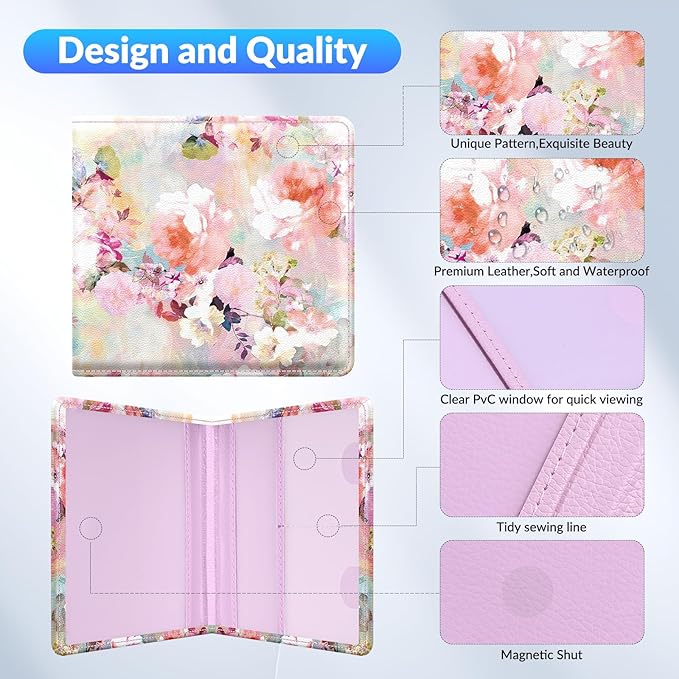 Car Registration and Insurance Card Holder，Vehicle Glove Box Car Organizer，Accessories Case for Storing Driving Licences, Cards, Documents,Pink flower