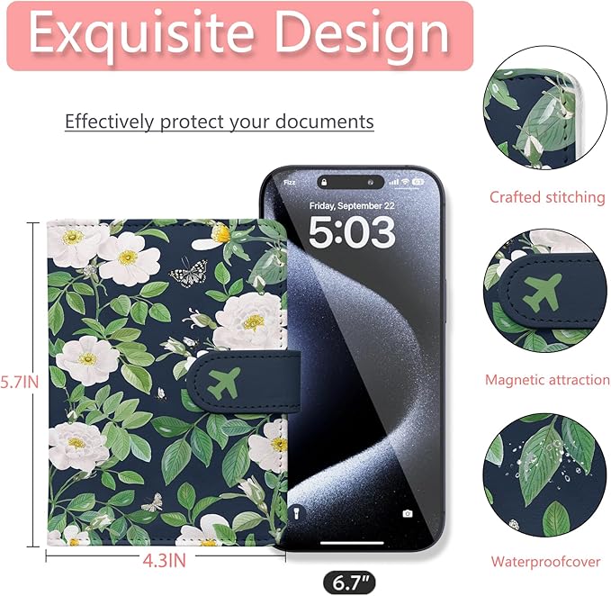 Passport Holder, Travel Wallet Cover with Pen Loop | Cute RFID Blocking Leather Case with Magnetic Closure for Travel Essentials-flower