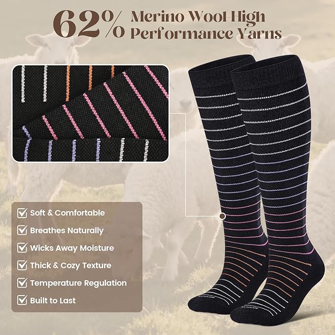 LEVSOX Thick Merino Wool Compression Socks for Women and Men 20-30mmHg Knee High Support Socks for Flying Nurses Pregnancy