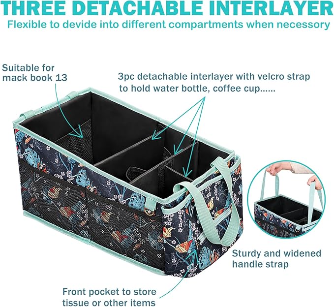 HEYSKAY Car Seat Organizer-Passenger Seat Organizer, Collapsible Small Car Seat Organizer for Console Front/Back, Car Caddy with 4pc Drink Holders Automotive Backseat Organizer for Kids