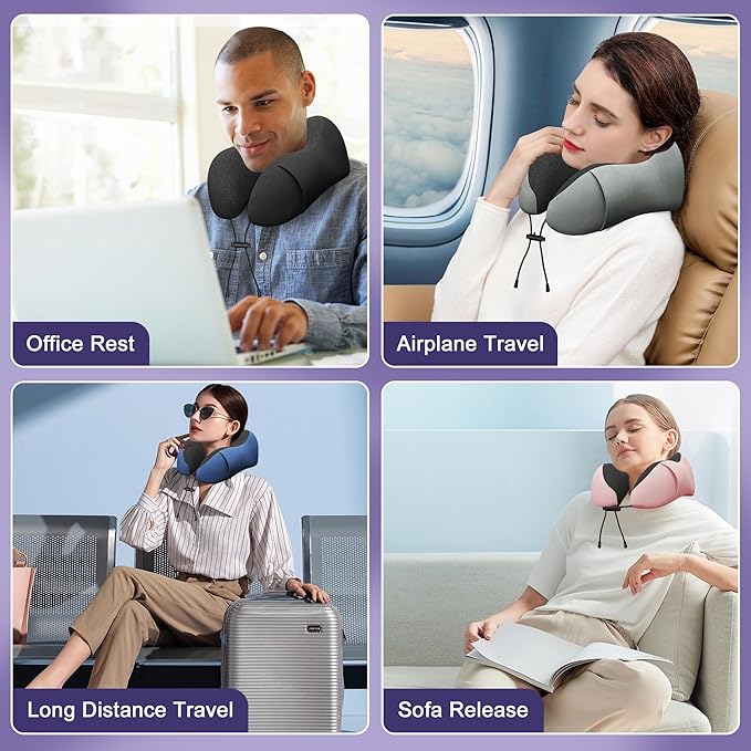 Neck Travel Pillow, Upgraded Memory Foam Pillow for Airplane, Machine Washable, Adjustable Flight Pillow, Suitable for Sleeping Airplane, Car, Office and Home (Grey)