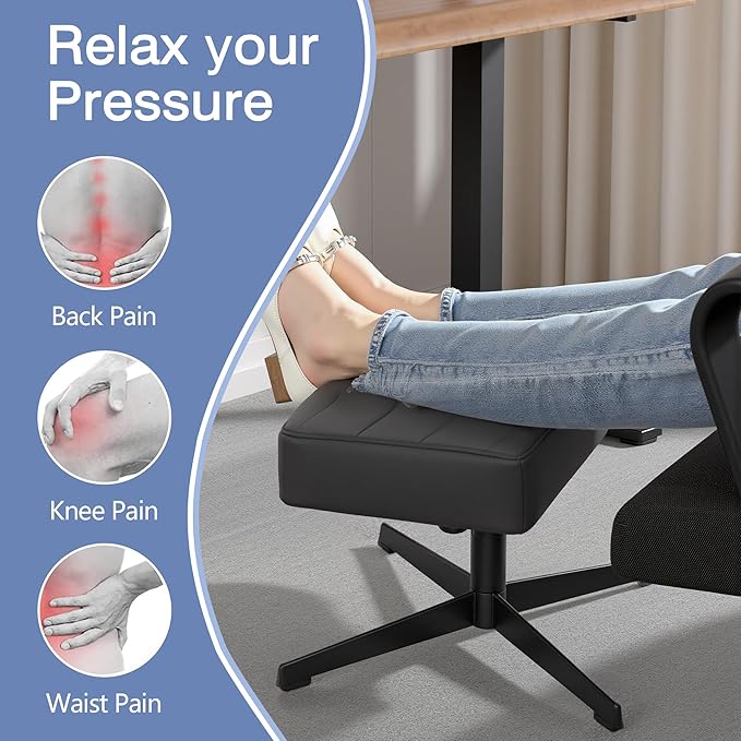 VECELO Under Desk Footrest, PU Ergonomic Foot Rest with Comfort Padding, Height Adjustable for Relieving Leg Pain, Stiffness, Black