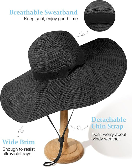 Senker Fashion Sun Hats for Women Oversize Wide Brim Straw Beach Hat Floppy Foldable Roll-Up Summer Vacation UPF 50+