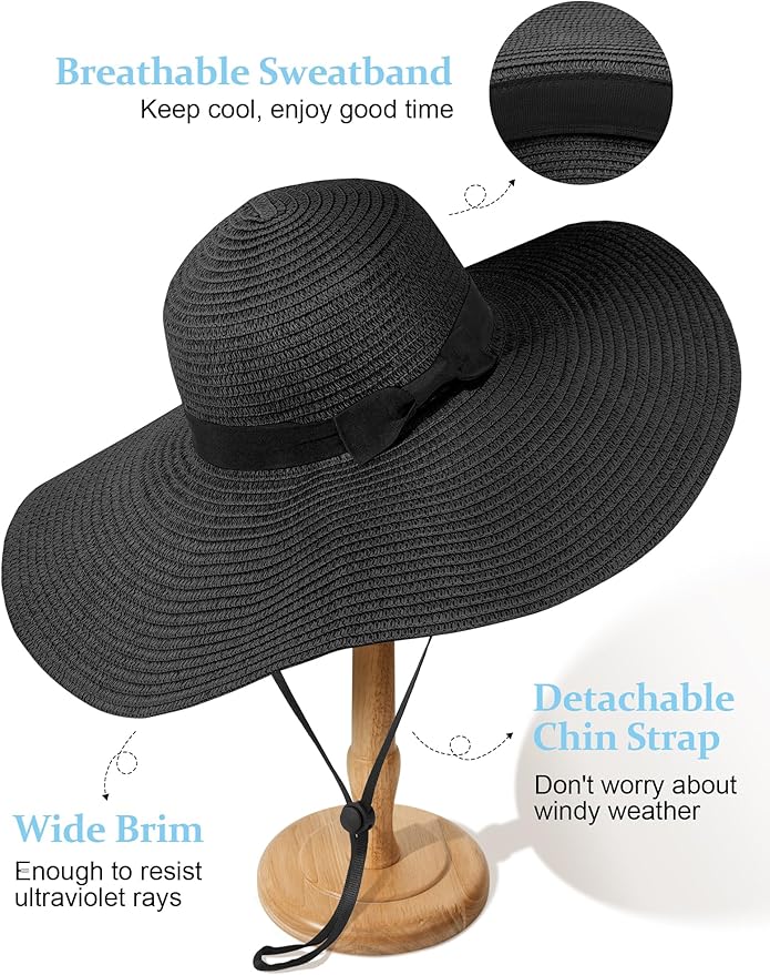 Senker Fashion Sun Hats for Women Oversize Wide Brim Straw Beach Hat Floppy Foldable Roll-Up Summer Vacation UPF 50+