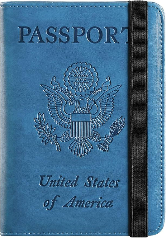 Passport Holder Cover Wallet Travel Essentials RFID Blocking Leather Card Case International Must Haves Travel Accessories for Women Men(101#Blue)