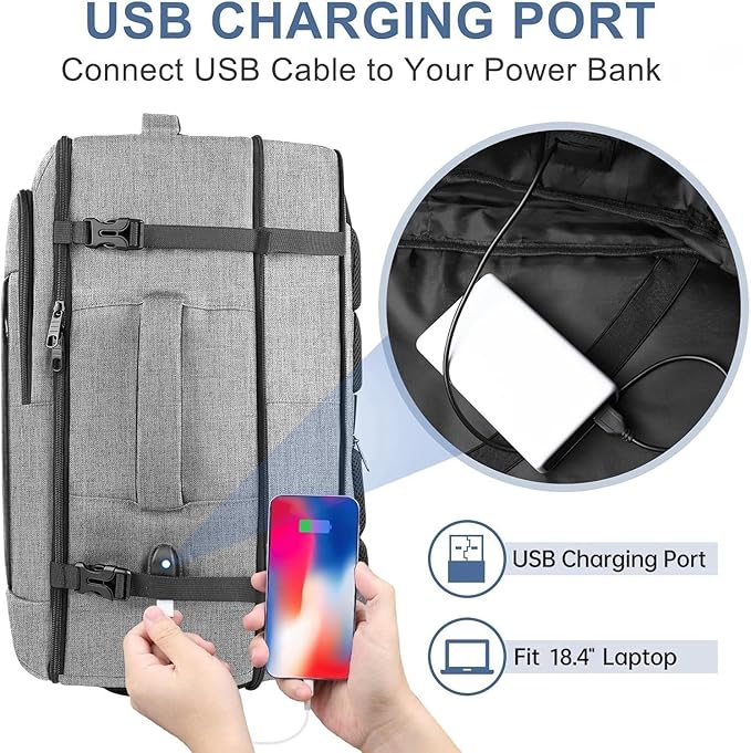 60L Backpack, Extra Large Travel Backpack for Men & Women, Expandable Big Capacity For Airplanes, Travel Gifts for Men Women, Fits 18.4 Inch Laptop, Luggage Suitcase Daypack Bag, Grey