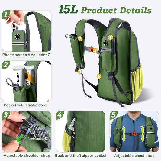 BECOJADDE 15L Small Hiking Backpack for Men Women Foldable Packable Back Pack Ultralight Hiking Daypack for Travel Camping Outdoor, Olive Green Yellow