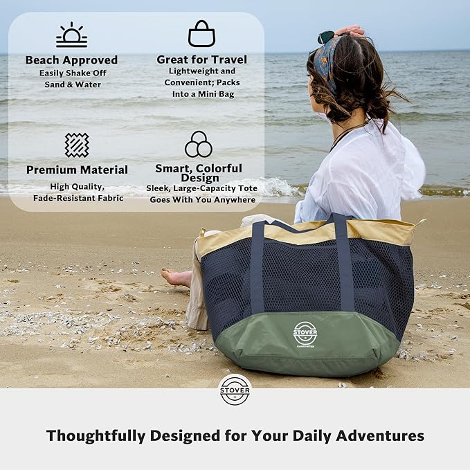 STOVER Large Mesh Beach Bag, Vacation, Pool, Shopping, & Travel Tote - Foldable w/Storage Pockets for Women, Men & Families