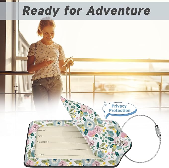 Set of 2 Luggage Tags for Suitcases, Leather Groovy Flower Baggage Tags with Stainless Steel Loop, Privacy Name ID Card Cover Kawaii Travel Labels for Women Men Kids Girls
