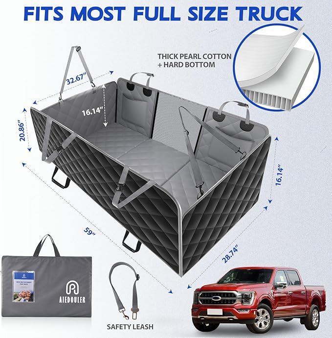 Back Seat Extender for Dogs, Hard Bottom Dog Seat Cover for Truck Back Seat, Dog Hammock for Truck XL Size Fits for Crew Cab F150, RAM1500, Sierra, Silverado,Tundra, Titan(59‘x29’)
