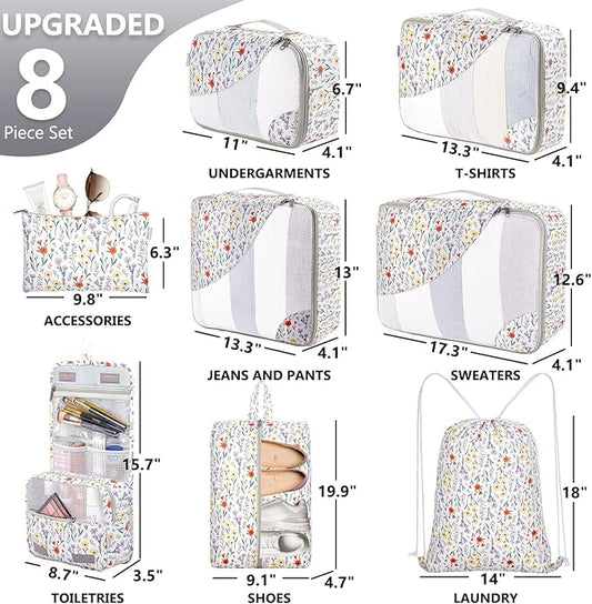 8 Set Packing Cubes for Travel, Gifts for Women Mom,Anti-Tearing Suitcase Organizer for Luggage with Shoe & Hanging Toiletry Bag,OlarHike Vacation Essentials & Accessories for Cruise Ship,Flower