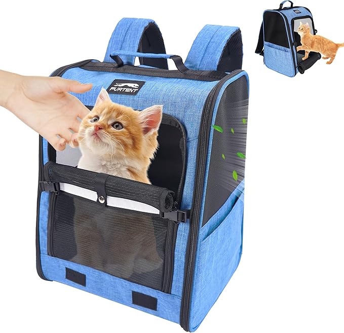 Cat Backpack Carrier with Ventilation Mesh and Safety Leash, Lightweight Dog Travel Backpack with Pockets, Reflective Strip, and Removable Mat,Hiking and Outdoor Use,Blue