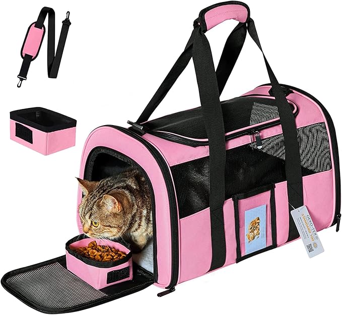 20" Large Cat Carrier Soft Sided for Cats Under 25 lbs, Folding Dog Carrier 20" Carrier for 2 Cats Travel Carrier - Pink