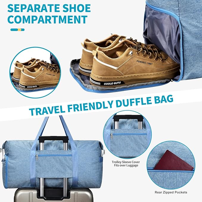 For Spirit Airlines Personal Item Bag 18x14x8, Foldable Small Travel Duffel Bags Gym Duffle Weekender Overnight Carry on Luggage Bag with Wet Pocket & Shoe Compartment for Women Men(Blue, 30L)