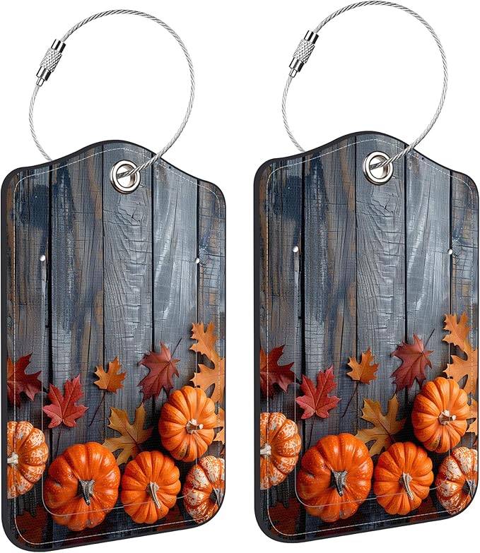 2 Pack Luggage Tag for Suitcase Thanksgiving Day Pumpkins Autumn Leaves Leather Suitcase Tags with Privacy Name ID Label and Stainless Steel Loop for Travel Bag