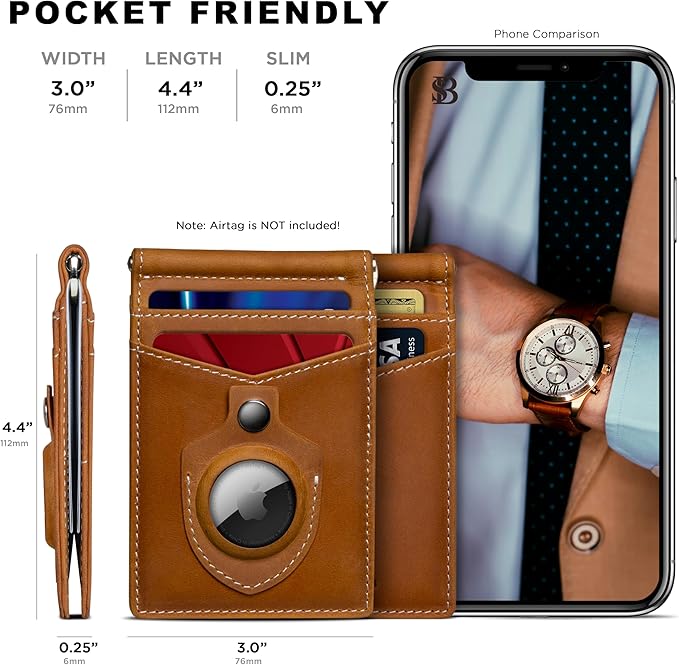 SERMAN BRANDS AirTag Wallet - RFID Blocking Mens Minimalist Money Clip Wallet for Airtag - Full Grain Leather Slim Bifold Front Pocket for Air Tag Wallets for Men. Gift (CA Desert Air)