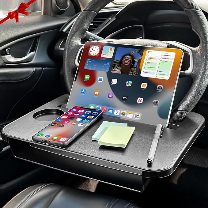 2-in-1 Steering Wheel Desk - Steering Wheel Tray Table with Seat Gap Filler Organizer | Car Food Tray for Driver | Car Desk for Laptop & Eating - Work Road Trip Essentials Accessories