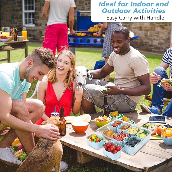 shopwithgreen 2Pcs Snackle Box Container, Divided Serving Tray with Lid and Handle, Snack Box Container Food Platter Charcuterie for Party, Veggies, Snack, Fruit, Nuts, Entertaining, Picnic,Blue