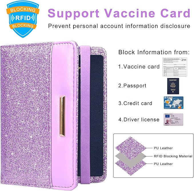 Caweet Passport Holder and Vaccine Card Holder Combo RFID Blocking Leather Vaccination Card Wallet with Elastic Band Closure, Glitter Purple