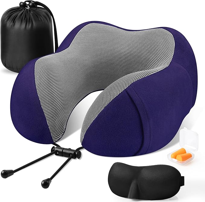 CloudBliss Travel Pillow Premium Memory Foam, Comfortable & Supportive Neck Pillow, Sleeping Neck Pillows for Travel, Airplane Pillow for Sleeping Airplane, Car, Office and Home（Navy）