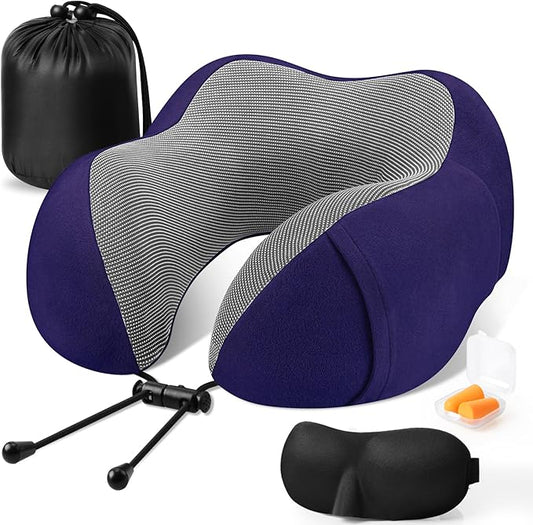CloudBliss Travel Pillow Premium Memory Foam, Comfortable & Supportive Neck Pillow, Sleeping Neck Pillows for Travel, Airplane Pillow for Sleeping Airplane, Car, Office and Home（Navy）