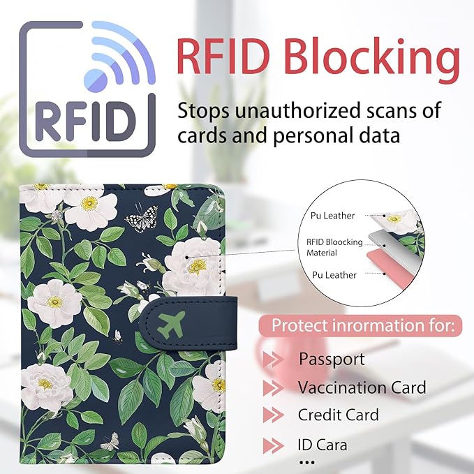 Passport Holder, Travel Wallet Cover with Pen Loop | Cute RFID Blocking Leather Case with Magnetic Closure for Travel Essentials-flower