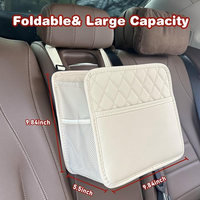 Upgrade Car Seat Organizer Backseat with Storage Pockets, Multipurpose Car Organizer Hanging, Car Trash Bag Can,Premium PU Leather Garbage Can 2.14 Gallon Large Capacity Accessories Beige