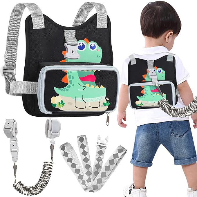 Accmor Toddler Harness Foldable Backpack Leash with Kids Anti Lost Wrist Link, Cute Dinosuar Children Walking Holder Tether for Outdoor Travel, Portable Baby Protector Wristband Strap for Boys