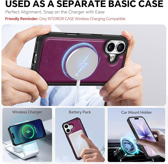 TUCCH Detachable Case Wallet for iPhone 17 (6.3") 2025, Wrist Strap | 4 Card Slots RFID Blocking | Wireless Charging | Stand | 2-in-1 Magnetic | PU Leather | Shockproof Folio Cover | Plum Purple