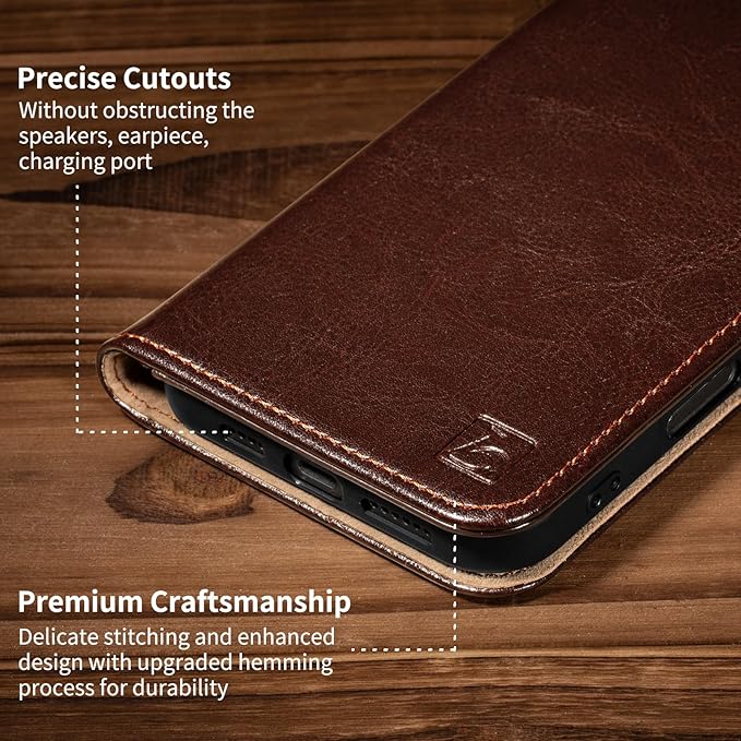 Belemay Leather Wallet Case Compatible with iPhone 17 Pro, Premium Cowhide Leather Two-Tone Effect, RFID Blocking Card Holders, Shockproof TPU Shell, Kickstand, Protective Flip Cover, 6.3", Brown