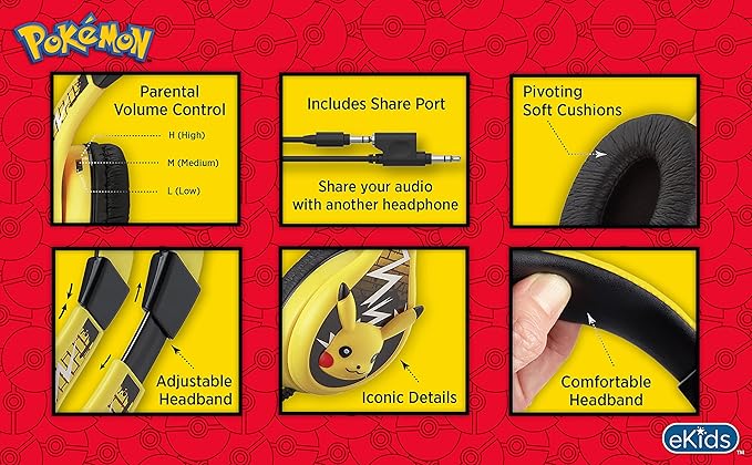 eKids Pokemon Pikachu Wired Kids Headphones, Adjustable, Stereo Sound, 3.5Mm Jack, Tangle-Free, Volume Control, Children's Headband On Ear for School Home, Travel