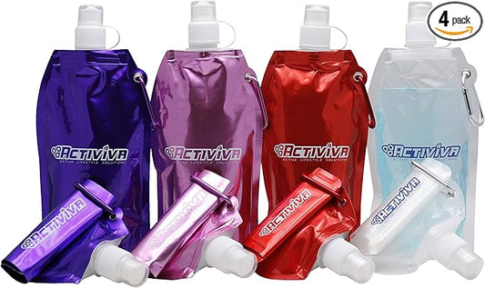 USA Merchant | Collapsible Reusable Water Bottle with Carabiner Clip Light Weight Leak Proof Foldable Drinking Water Bottle Non Toxic BPA Free - 16.9 oz 4 Pack (Pink, Purple, Red, Clear)