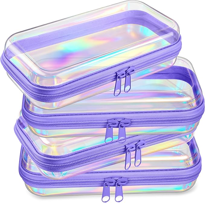 Hoolerry 4 Pcs Hard Clear Zipper Case Makeup Bags Plastic Pencil Pouch Transparent Storage Box Containers for Cosmetics, Snacks, Building Blocks, Puzzles(Purple Laser,7.5 x 3.9 x 2 in)