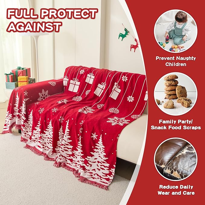 MEETSKY Christmas Couch Cover for Sectional Sofa, Chenille Loveseat Red Sofa Covers Washable for Pet Friendly Cedar Decorative Couch Covers, 71" x 134"