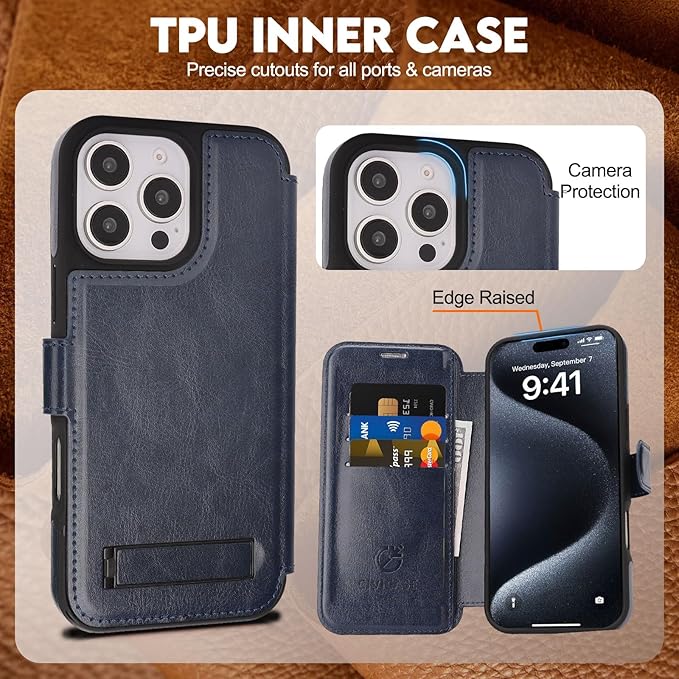 CIVICASE for iPhone 16 Pro Max Wallet Case with Stand,PU Leather Flip Credit Card Holder Slots (RFID Blocking),Compatible with Magsafe Magnetic Holder Phone Cover Women Men,Blue